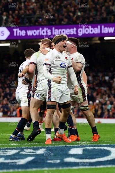 150325 - Wales v England - Guinness Six Nations - Henry Pollock of England celebrates after Joe Heyes of England scored the team's eighth try