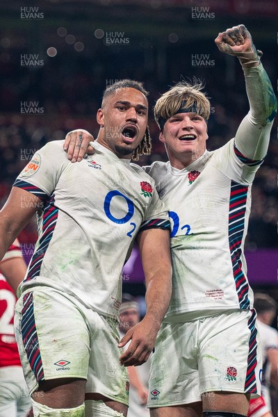 150325 - Wales v England - Guinness Six Nations -  Chandler Cunningham South and Henry Pollock celebrate after Chandler Cunningham South’s second half try after England go on to beat Wales 