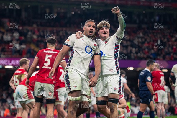 150325 - Wales v England - Guinness Six Nations -  Chandler Cunningham South and Henry Pollock celebrate after Chandler Cunningham South’s second half try after England go on to beat Wales 