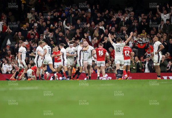 150325 - Wales v England - Guinness Six Nations Championship - Joe Heyes of England celebrates scoring a try with team mates