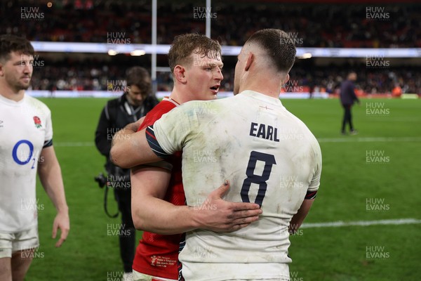 150325 - Wales v England - Guinness Six Nations Championship - Ben Earl of England and Jac Morgan of Wales at full time