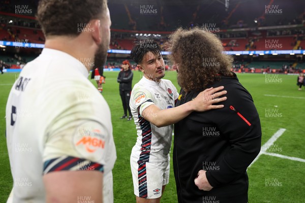 150325 - Wales v England - Guinness Six Nations Championship - Marcus Smith of England and Adam Jones at full time