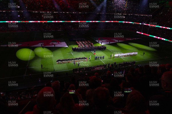 150325 Wales v England, Guinness Mens Six Nations - The teams line up for the anthem at the start of the match