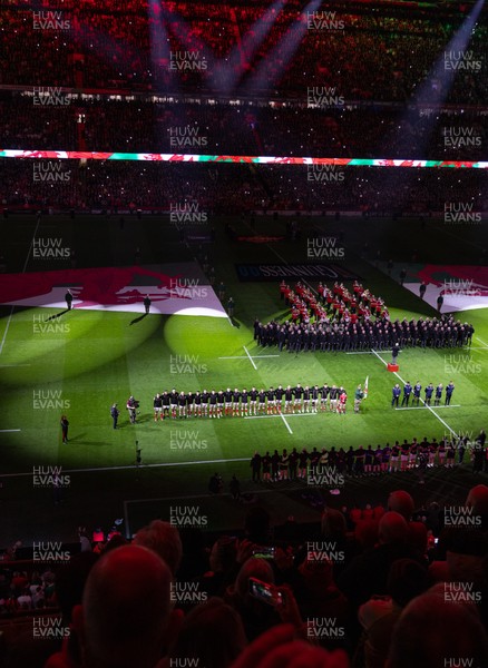 150325 Wales v England, Guinness Mens Six Nations - The teams line up for the anthem at the start of the match