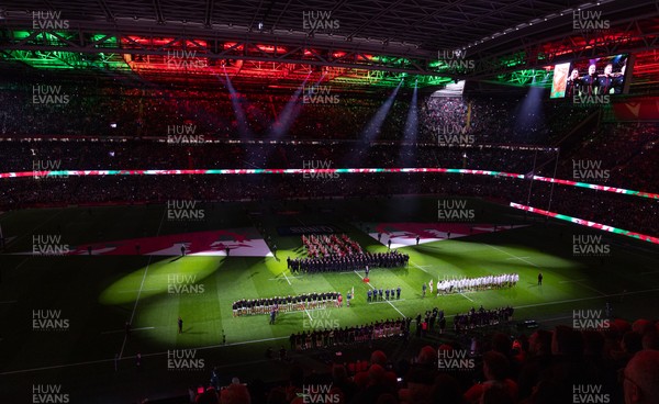 150325 Wales v England, Guinness Mens Six Nations - The teams line up for the anthem at the start of the match