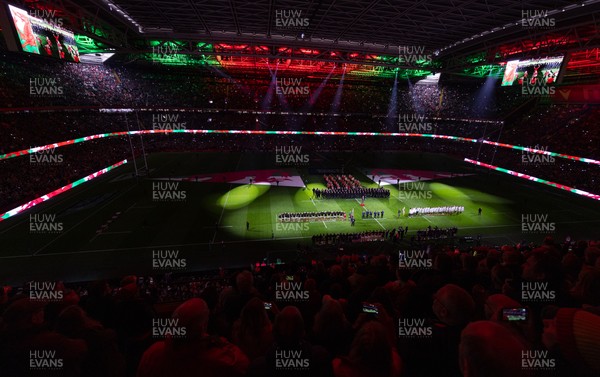 150325 Wales v England, Guinness Mens Six Nations - The teams line up for the anthem at the start of the match