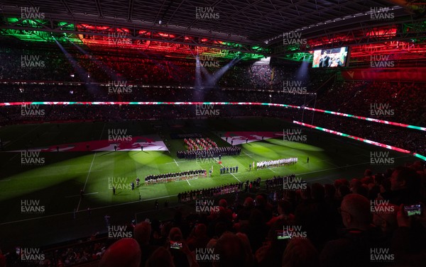 150325 Wales v England, Guinness Mens Six Nations - The teams line up for the anthem at the start of the match