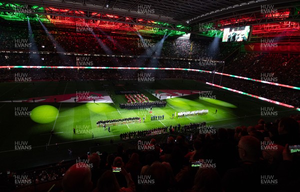 150325 Wales v England, Guinness Mens Six Nations - A general view of the Principality Stadium as the Wales and England teams line up for the anthems