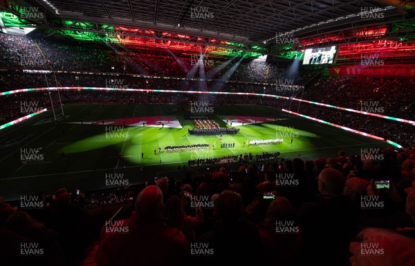 150325 Wales v England, Guinness Mens Six Nations - A general view of the Principality Stadium as the Wales and England teams line up for the anthems