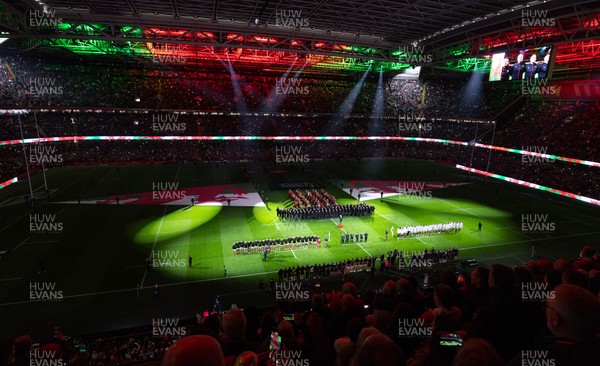 150325 Wales v England, Guinness Mens Six Nations - A general view of the Principality Stadium as the Wales and England teams line up for the anthems