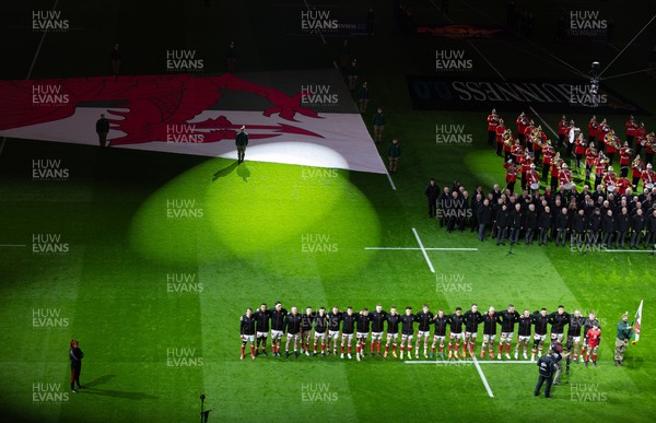 150325 Wales v England, Guinness Mens Six Nations - The Wales team line up for the anthems