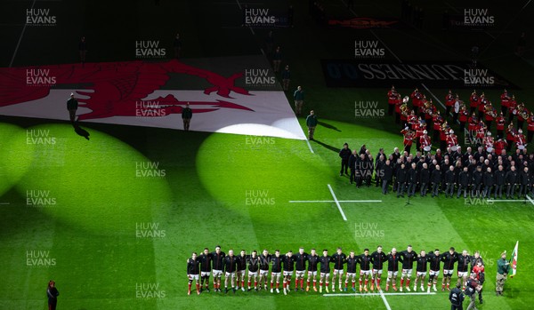 150325 Wales v England, Guinness Mens Six Nations - The Wales team line up for the anthems