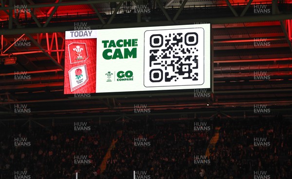 150325 Wales v England, Guinness Mens Six Nations - Go Compare Cache Cam on the stadium screen at half time