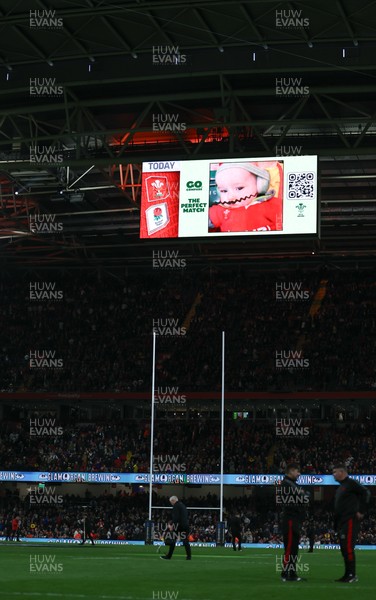 150325 Wales v England, Guinness Mens Six Nations - Go Compare Cache Cam on the stadium screen at half time