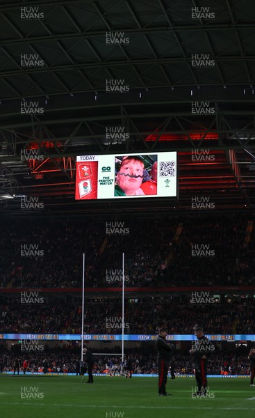 150325 Wales v England, Guinness Mens Six Nations - Go Compare Cache Cam on the stadium screen at half time