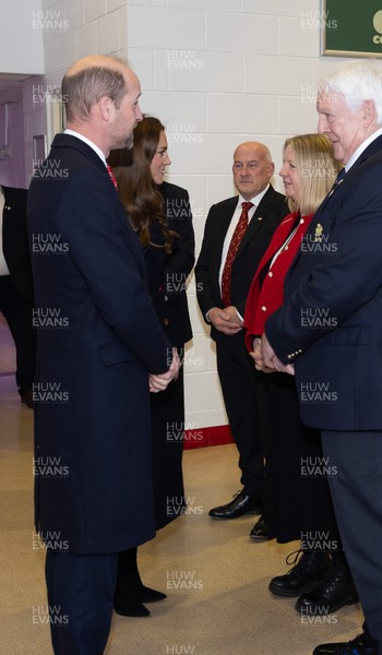 150325 Wales v England, Guinness Mens Six Nations - William, Prince of Wales along with Catherine, Princess of Wales meet WRU President Terry Cobner, Chairman Richard Collier-Keywood and CEO Abi Tierney at the Wales v England Six Nations match at the Principality Stadium, Cardiff