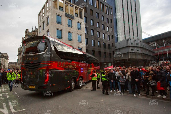 150325 - Wales v England - Guinness Six Nations - The Wales team coach arrives at the Principality Stadium