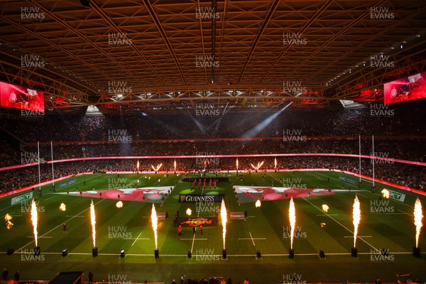 150325 - Wales v England - Guinness Six Nations - General View of prematch pyrotechnics and light show