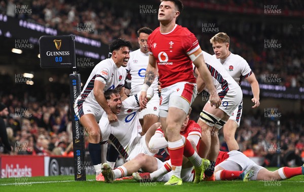 150325 - Wales v England - Guinness Six Nations - Tom Roebuck of England celebrates their sides second try