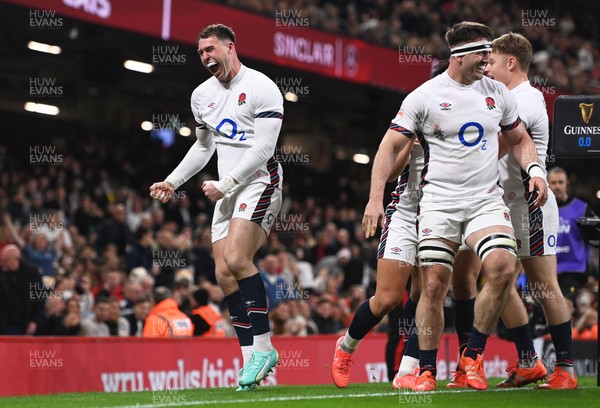 150325 - Wales v England - Guinness Six Nations - Tom Roebuck of England celebrates their sides second try