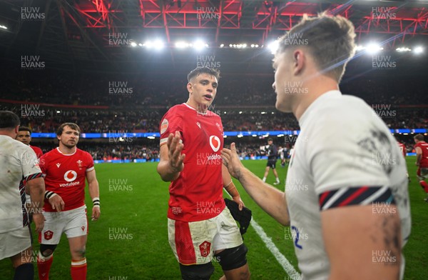 150325 - Wales v England - Guinness Six Nations - Dafydd Jenkins of Wales and Fin Smith of England shake hands