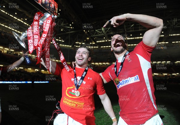 160313 - Wales v England - RBS Six Nations 2013 -Leigh Halfpenny and Sam Warburton of Wales celebrate with the trophy at the end of the game 