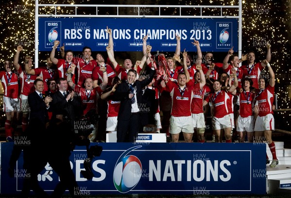 160313 - Wales v England - RBS Six Nations 2013 -Ryan Jones and Gethin Jenkins of Wales lift the RBS Six Nations trophy 