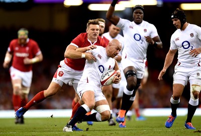 170819 - Wales v England - Under Armour Summer Series - Willi Heinz of England is tackled by Dan Biggar of Wales