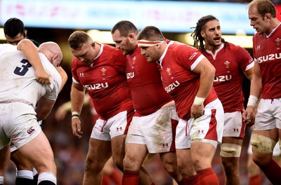 170819 - Wales v England - Under Armour Summer Series - Dillon Lewis, Ken Owens and Wyn Jones of Wales