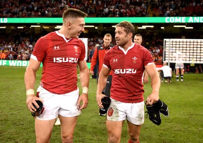 170819 - Wales v England - Under Armour Summer Series - Josh Adams and Leigh Halfpenny of Wales