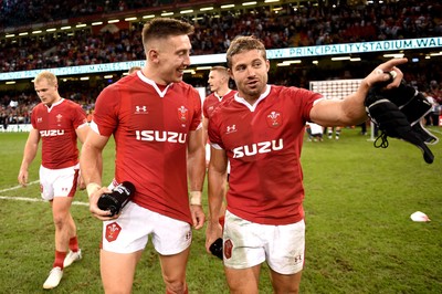 170819 - Wales v England - Under Armour Summer Series - Josh Adams and Leigh Halfpenny of Wales