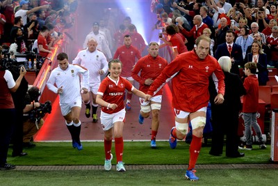 170819 - Wales v England - Under Armour Summer Series - Alun Wyn Jones of Wales runs out with mascot