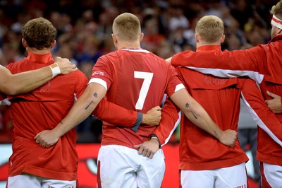 170819 - Wales v England - Under Armour Summer Series - James Davies of Wales lines up for the anthems