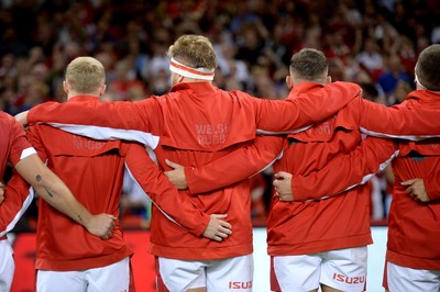 170819 - Wales v England - Under Armour Summer Series - Wales line up for the anthems