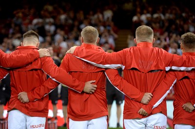 170819 - Wales v England - Under Armour Summer Series - Wales line up for the anthems