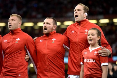 170819 - Wales v England - Under Armour Summer Series - Ross Moriarty, Ken Owens, Alun Wyn Jones of Wales and mascot during the anthems