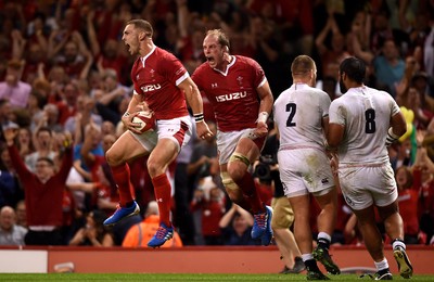 170819 - Wales v England - Under Armour Summer Series - George North of Wales celebrates scoring try with Alun Wyn Jones