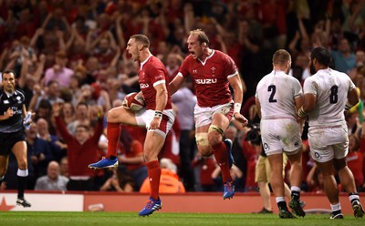 170819 - Wales v England - Under Armour Summer Series - George North of Wales celebrates scoring try with Alun Wyn Jones