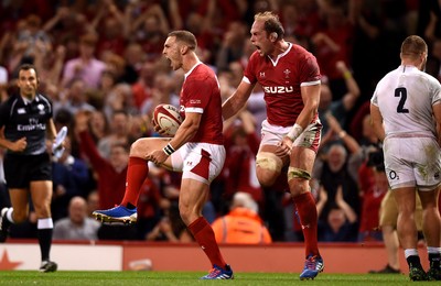 170819 - Wales v England - Under Armour Summer Series - George North of Wales celebrates scoring try with Alun Wyn Jones