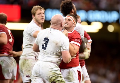 170819 - Wales v England - Under Armour Summer Series - Dan Cole of England and Wyn Jones of Wales get to grips