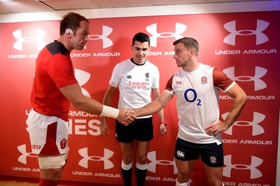 170819 - Wales v England - Under Armour Summer Series - Alun Wyn Jones of Wales and George Ford of England with Referee Pascal Gauzere during the coin toss