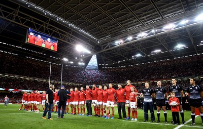 170819 - Wales v England - Under Armour Summer Series - Wales line up for the anthems