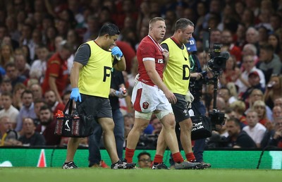 170819 - Wales v England - RWC Warm Up - Under Armour Summer Series - James Davies of Wales leaves the field injured