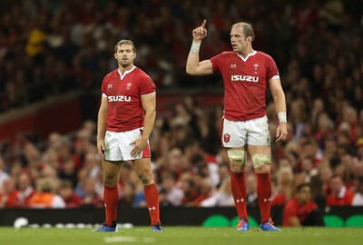 170819 - Wales v England - RWC Warm Up - Under Armour Summer Series - Leigh Halfpenny and Alun Wyn Jones of Wales