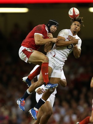 170819 - Wales v England - RWC Warm Up - Under Armour Summer Series - Leigh Halfpenny of Wales and Anthony Watson of England collide in the air