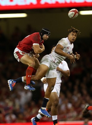 170819 - Wales v England - RWC Warm Up - Under Armour Summer Series - Leigh Halfpenny of Wales and Anthony Watson of England collide in the air