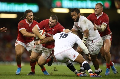 170819 - Wales v England - RWC Warm Up - Under Armour Summer Series - Ken Owens of Wales is tackled by Kyle Sinckler of England