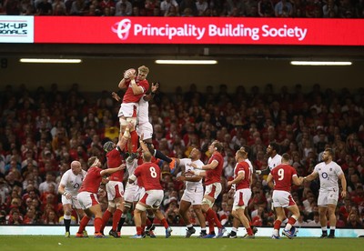 170819 - Wales v England - RWC Warm Up - Under Armour Summer Series - Aaron Wainwright of Wales wins the line out