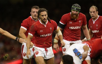 170819 - Wales v England - RWC Warm Up - Under Armour Summer Series - Dillon Lewis, Josh Navidi and Jake Ball of Wales