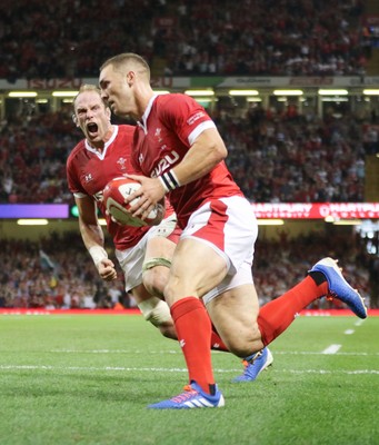 170819 - Wales v England, Under Armour Summer Series 2019 - George North of Wales runs in to score try as Alun Wyn Jones of Wales celebrates